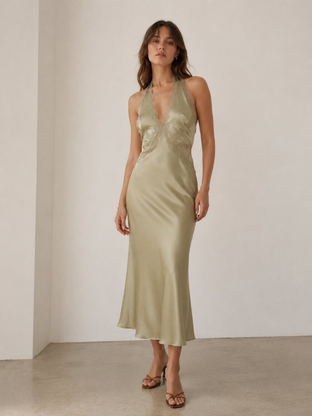 RARE LONDON Olive Lace Trim Slip Midi Dress